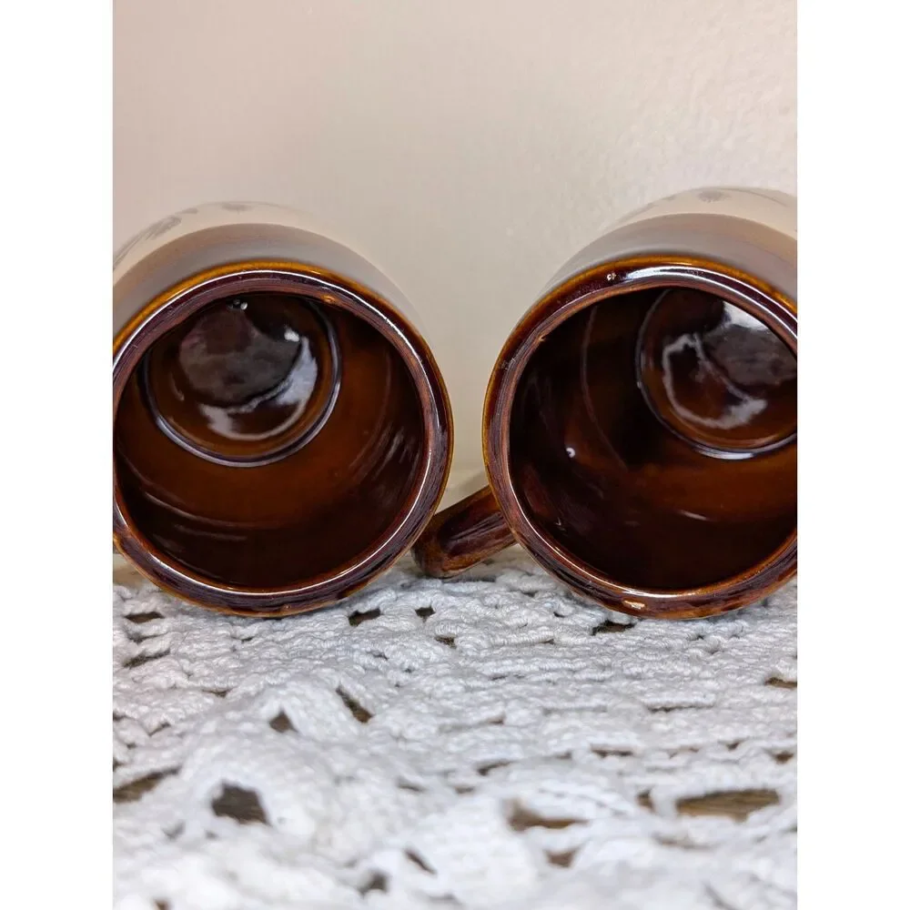 Vintage Autumn Wheat & Floral Stoneware Coffee Mugs Set of 2